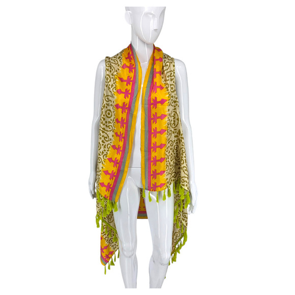 Soft Surroundings Women's O/S Flowy Neon Printed Fringe Tassel Vest Cruise Beach - Picture 2 of 8